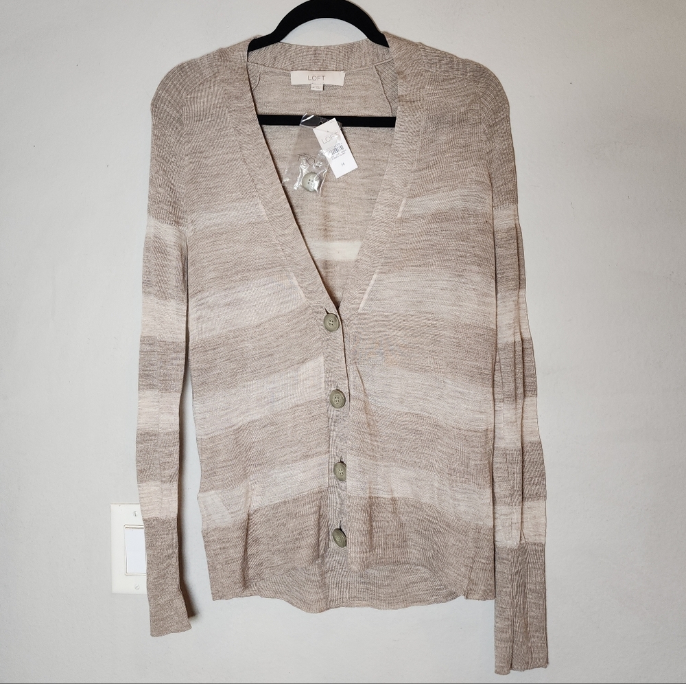 NWT Loft Wool Blend Beige Stripe Button V-neck Cardigan Lightweight Knit Medium